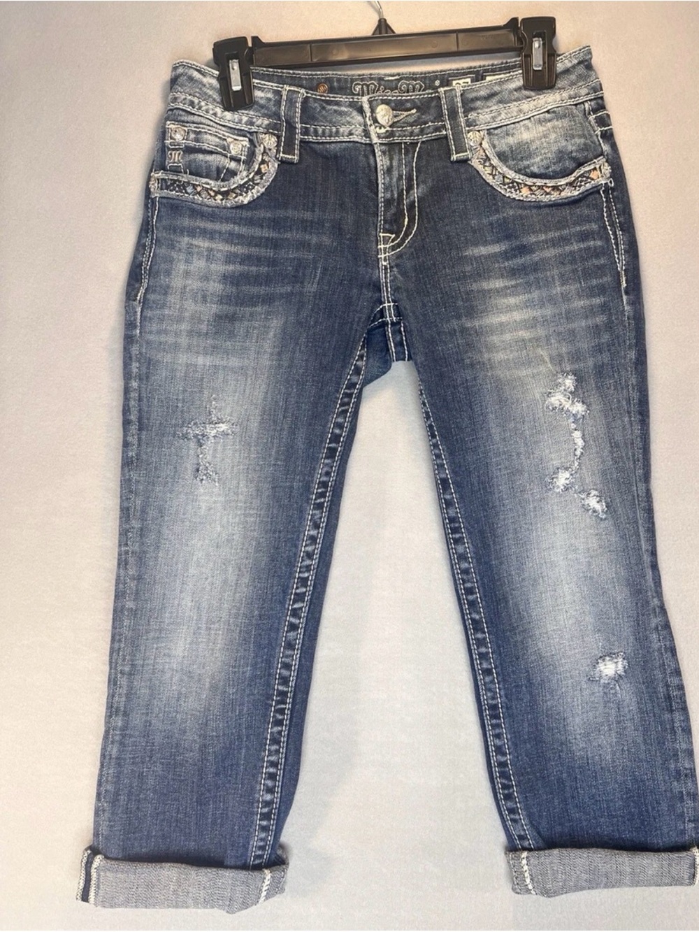 Miss Me Signature Cuff Capri 27 Low Rise Distress Bling Pockets Coastal Cowgirl